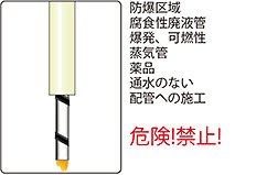 防爆区域　腐食性廃液管　爆発、可燃性　蒸気管　薬品　通水のない配管への施工　危険!禁止!